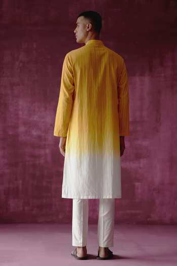 Shop_Pouli Pret_Yellow 100% Cotton Ombre Dyed Kurta _at_Aza_Fashions
