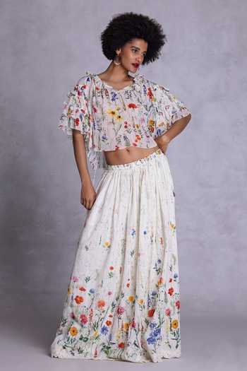 Payal Jain_Off White Georgette Scoop Neck Floral Print Crop Top _at_Aza_Fashions