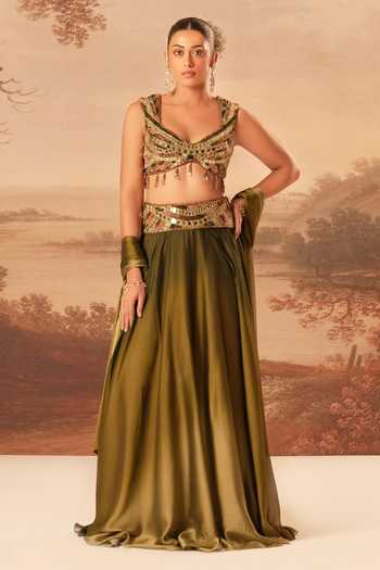 Buy_Kiran Kalsi_Olive Green Organza, Satin Sweetheart Neck Hand Embroidered Lehenga Set _at_Aza_Fashions
