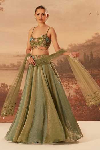 Shop_Kiran Kalsi_Blue Silk, Jacquard Sweetheart Neck Hand Embroidered Lehenga Set _Online_at_Aza_Fashions