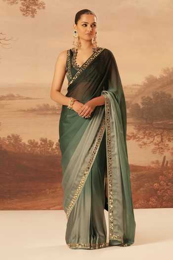 Buy_Kiran Kalsi_Green Organza, Satin V-neck Embroidered Saree And Blouse Set _at_Aza_Fashions