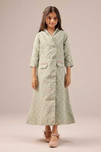 Shop_OurDve_Green Organza, Cotton Merry Checkered Coat And Dress Set _Online