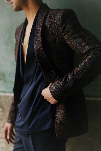 AMIT BEHKI_Multi Color Silk, Polyester, Satin Navy Draped Embroidered Blazer Set _Online_at_Aza_Fashions