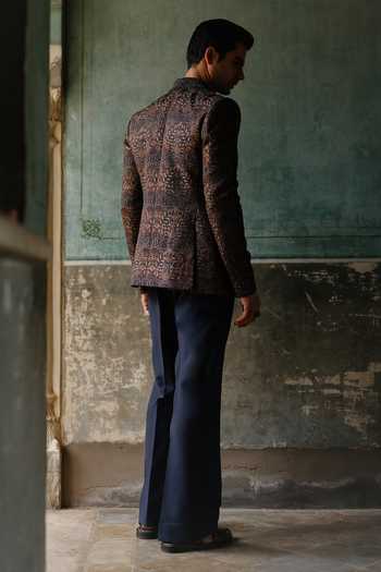 Shop_AMIT BEHKI_Multi Color Silk, Polyester, Satin Navy Draped Embroidered Blazer Set _at_Aza_Fashions