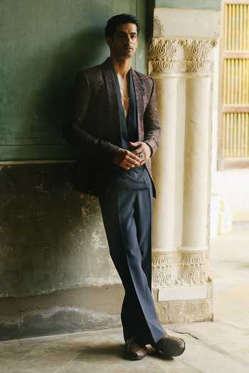 Buy_AMIT BEHKI_Multi Color Silk, Polyester, Satin Navy Draped Embroidered Blazer Set _Online_at_Aza_Fashions