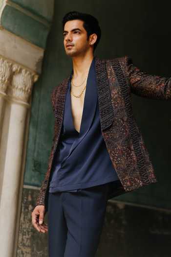 Shop_AMIT BEHKI_Multi Color Silk, Polyester, Satin Navy Draped Embroidered Blazer Set _Online_at_Aza_Fashions