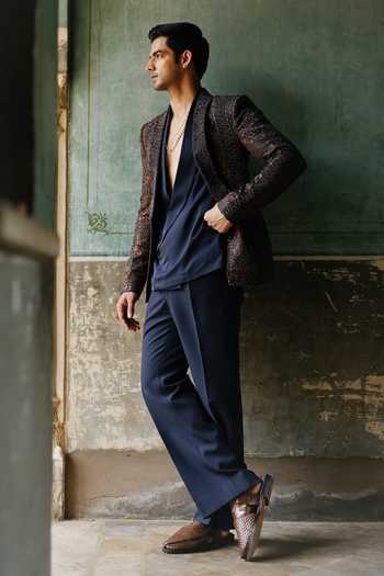 Buy_AMIT BEHKI_Multi Color Silk, Polyester, Satin Navy Draped Embroidered Blazer Set _at_Aza_Fashions