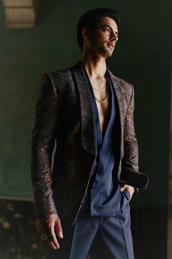 AMIT BEHKI_Multi Color Silk, Polyester, Satin Navy Draped Embroidered Blazer Set _at_Aza_Fashions