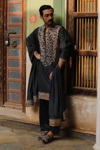 Buy_AMIT BEHKI_Black Embroidered Stole _at_Aza_Fashions