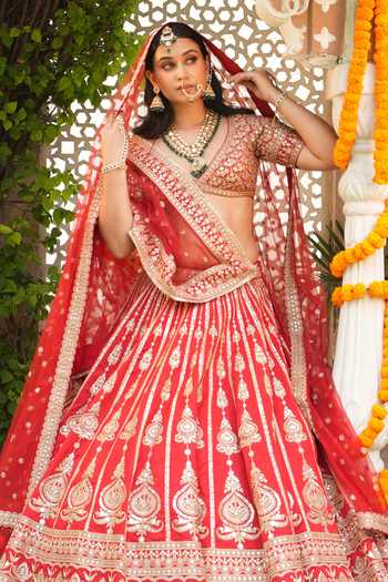 Amaltas Couture_Red Silk, Organza, Net Sweetheart Neck Dori Embroidered Bridal Lehenga Set _Online_at_Aza_Fashions