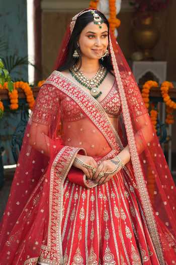 Shop_Amaltas Couture_Red Silk, Organza, Net Sweetheart Neck Dori Embroidered Bridal Lehenga Set _Online_at_Aza_Fashions