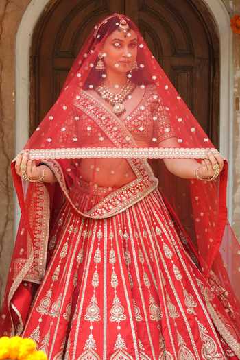 Amaltas Couture_Red Silk, Organza, Net Sweetheart Neck Dori Embroidered Bridal Lehenga Set _at_Aza_Fashions