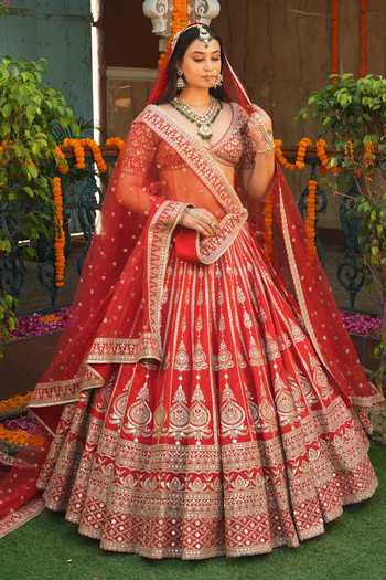 Buy_Amaltas Couture_Red Silk, Organza, Net Sweetheart Neck Dori Embroidered Bridal Lehenga Set 