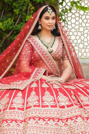 Shop_Amaltas Couture_Red Silk, Organza, Net Sweetheart Neck Dori Embroidered Bridal Lehenga Set 