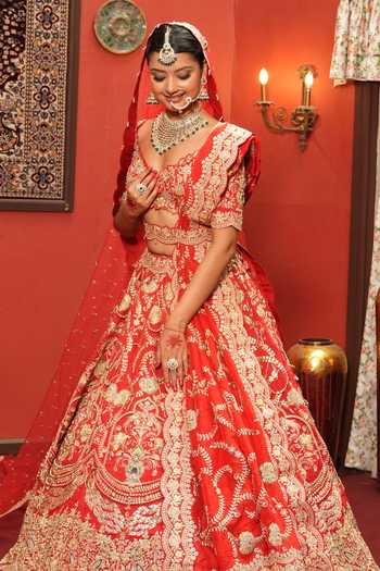 Buy_Amaltas Couture_Red Silk, Organza, Net V-neck Bead Embroidered Bridal Lehenga Set _Online_at_Aza_Fashions