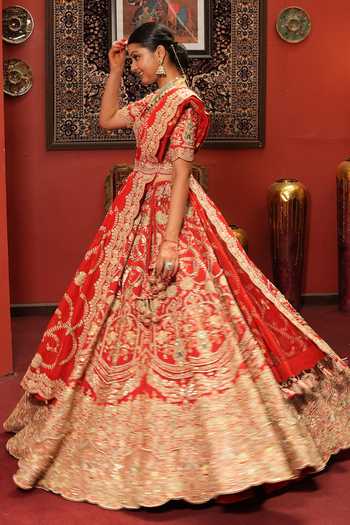 Shop_Amaltas Couture_Red Silk, Organza, Net V-neck Bead Embroidered Bridal Lehenga Set _at_Aza_Fashions
