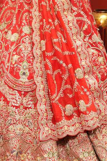 Amaltas Couture_Red Silk, Organza, Net V-neck Bead Embroidered Bridal Lehenga Set _at_Aza_Fashions