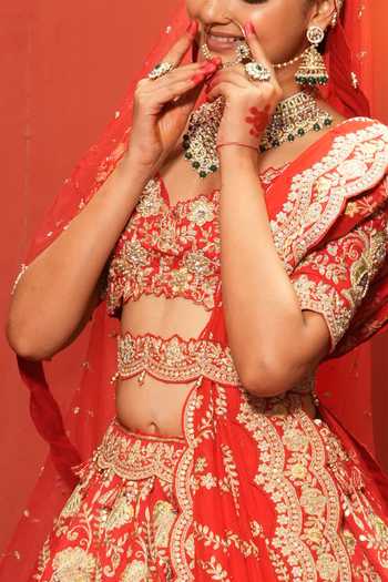 Buy_Amaltas Couture_Red Silk, Organza, Net V-neck Bead Embroidered Bridal Lehenga Set 
