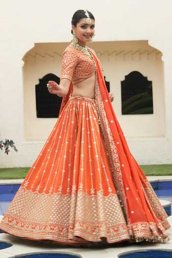 Amaltas Couture_Orange Silk, Organza V-neck Marodi Embroidered Bridal Lehenga Set _Online_at_Aza_Fashions
