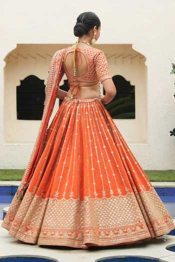 Shop_Amaltas Couture_Orange Silk, Organza V-neck Marodi Embroidered Bridal Lehenga Set _at_Aza_Fashions