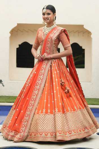 Buy_Amaltas Couture_Orange Silk, Organza V-neck Marodi Embroidered Bridal Lehenga Set _Online_at_Aza_Fashions