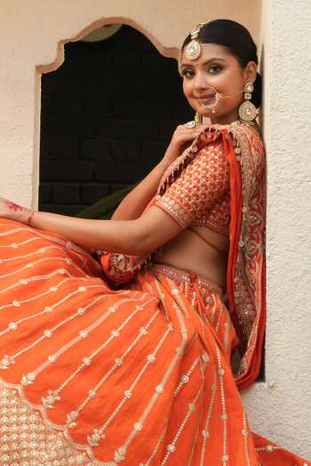Shop_Amaltas Couture_Orange Silk, Organza V-neck Marodi Embroidered Bridal Lehenga Set _Online_at_Aza_Fashions