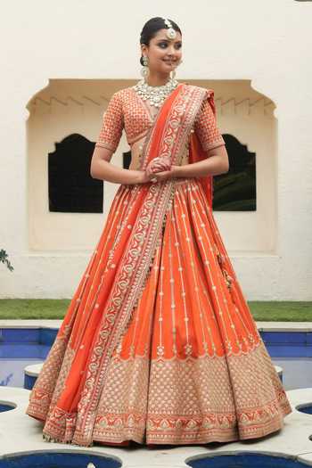 Buy_Amaltas Couture_Orange Silk, Organza V-neck Marodi Embroidered Bridal Lehenga Set _at_Aza_Fashions