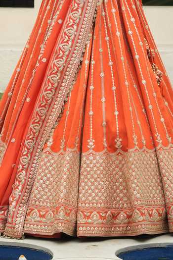 Buy_Amaltas Couture_Orange Silk, Organza V-neck Marodi Embroidered Bridal Lehenga Set 