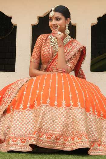 Shop_Amaltas Couture_Orange Silk, Organza V-neck Marodi Embroidered Bridal Lehenga Set 