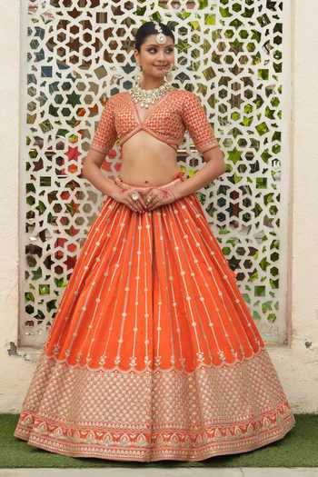 Amaltas Couture_Orange Silk, Organza V-neck Marodi Embroidered Bridal Lehenga Set _Online