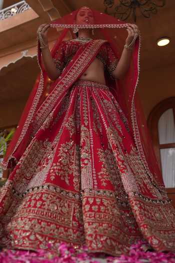 Amaltas Couture_Red Silk, Organza, Net Sweetheart Neck Sequin Embroidered Bridal Lehenga Set _Online_at_Aza_Fashions