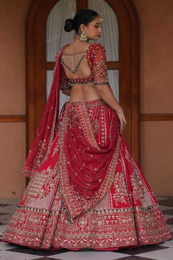 Shop_Amaltas Couture_Red Silk, Organza, Net Sweetheart Neck Sequin Embroidered Bridal Lehenga Set _at_Aza_Fashions
