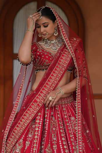 Amaltas Couture_Red Silk, Organza, Net Sweetheart Neck Sequin Embroidered Bridal Lehenga Set _at_Aza_Fashions