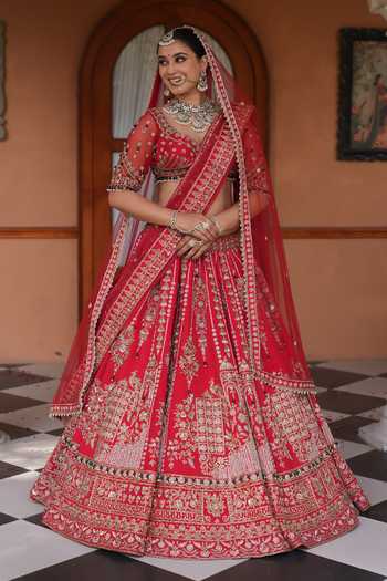 Buy_Amaltas Couture_Red Silk, Organza, Net Sweetheart Neck Sequin Embroidered Bridal Lehenga Set 