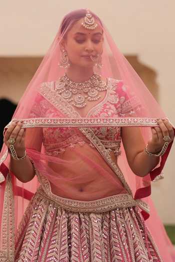 Buy_Amaltas Couture_Pink Silk, Organza, Net Embroidered Bridal Lehenga Set 