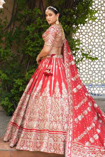 Shop_Amaltas Couture_Red Silk, Organza, Net Raw Embroidered Bridal Lehenga Set _at_Aza_Fashions