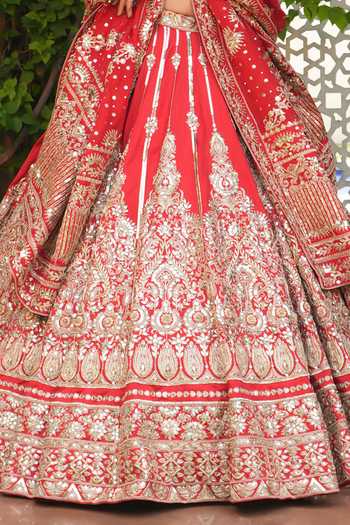 Buy_Amaltas Couture_Red Silk, Organza, Net Raw Embroidered Bridal Lehenga Set _Online_at_Aza_Fashions