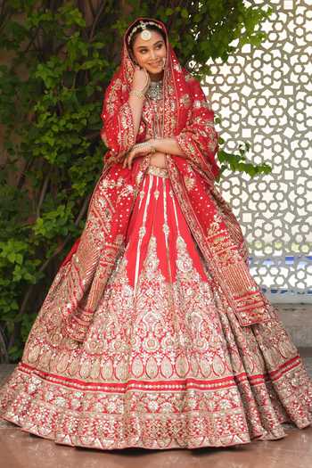 Shop_Amaltas Couture_Red Silk, Organza, Net Raw Embroidered Bridal Lehenga Set _Online_at_Aza_Fashions