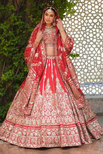 Buy_Amaltas Couture_Red Silk, Organza, Net Raw Embroidered Bridal Lehenga Set 
