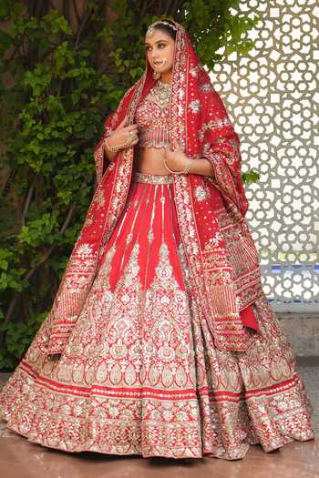 Buy_Amaltas Couture_Red Silk, Organza, Net Raw Embroidered Bridal Lehenga Set _at_Aza_Fashions