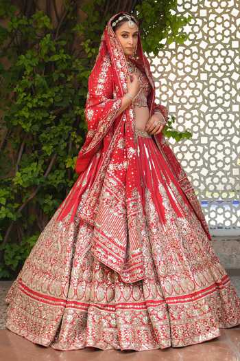 Shop_Amaltas Couture_Red Silk, Organza, Net Raw Embroidered Bridal Lehenga Set 