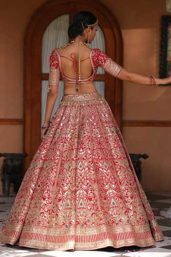 Shop_Amaltas Couture_Red Silk, Organza, Net Crystal Embellished Bridal Lehenga Set _at_Aza_Fashions