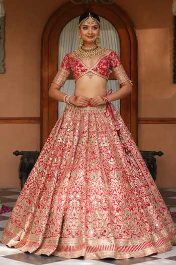 Amaltas Couture_Red Silk, Organza, Net Crystal Embellished Bridal Lehenga Set _Online_at_Aza_Fashions