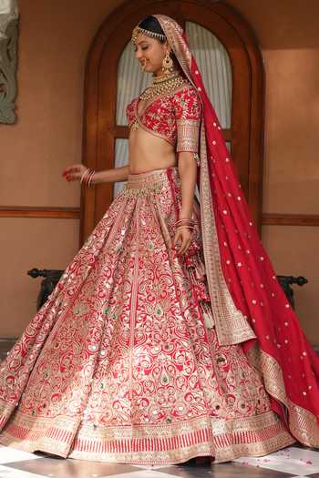 Buy_Amaltas Couture_Red Silk, Organza, Net Crystal Embellished Bridal Lehenga Set _Online_at_Aza_Fashions
