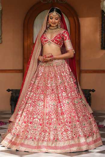 Buy_Amaltas Couture_Red Silk, Organza, Net Crystal Embellished Bridal Lehenga Set _at_Aza_Fashions