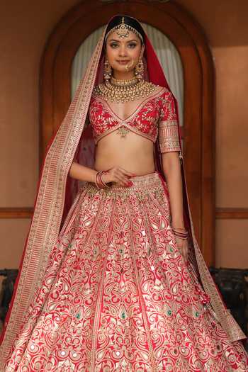Shop_Amaltas Couture_Red Silk, Organza, Net Crystal Embellished Bridal Lehenga Set _Online_at_Aza_Fashions
