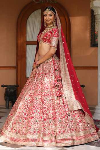 Amaltas Couture_Red Silk, Organza, Net Crystal Embellished Bridal Lehenga Set _at_Aza_Fashions