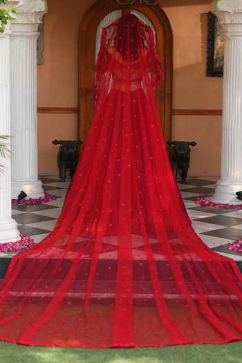 Shop_Amaltas Couture_Red Net Floral Embroidered Bridal Lehenga Set _at_Aza_Fashions