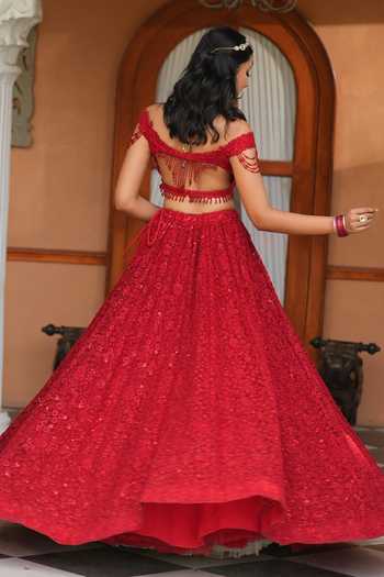 Amaltas Couture_Red Net Floral Embroidered Bridal Lehenga Set _Online_at_Aza_Fashions
