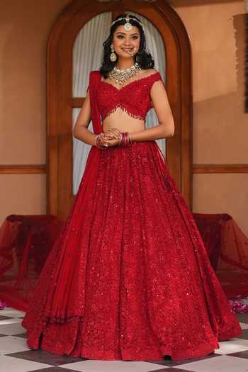 Shop_Amaltas Couture_Red Net Floral Embroidered Bridal Lehenga Set _Online_at_Aza_Fashions